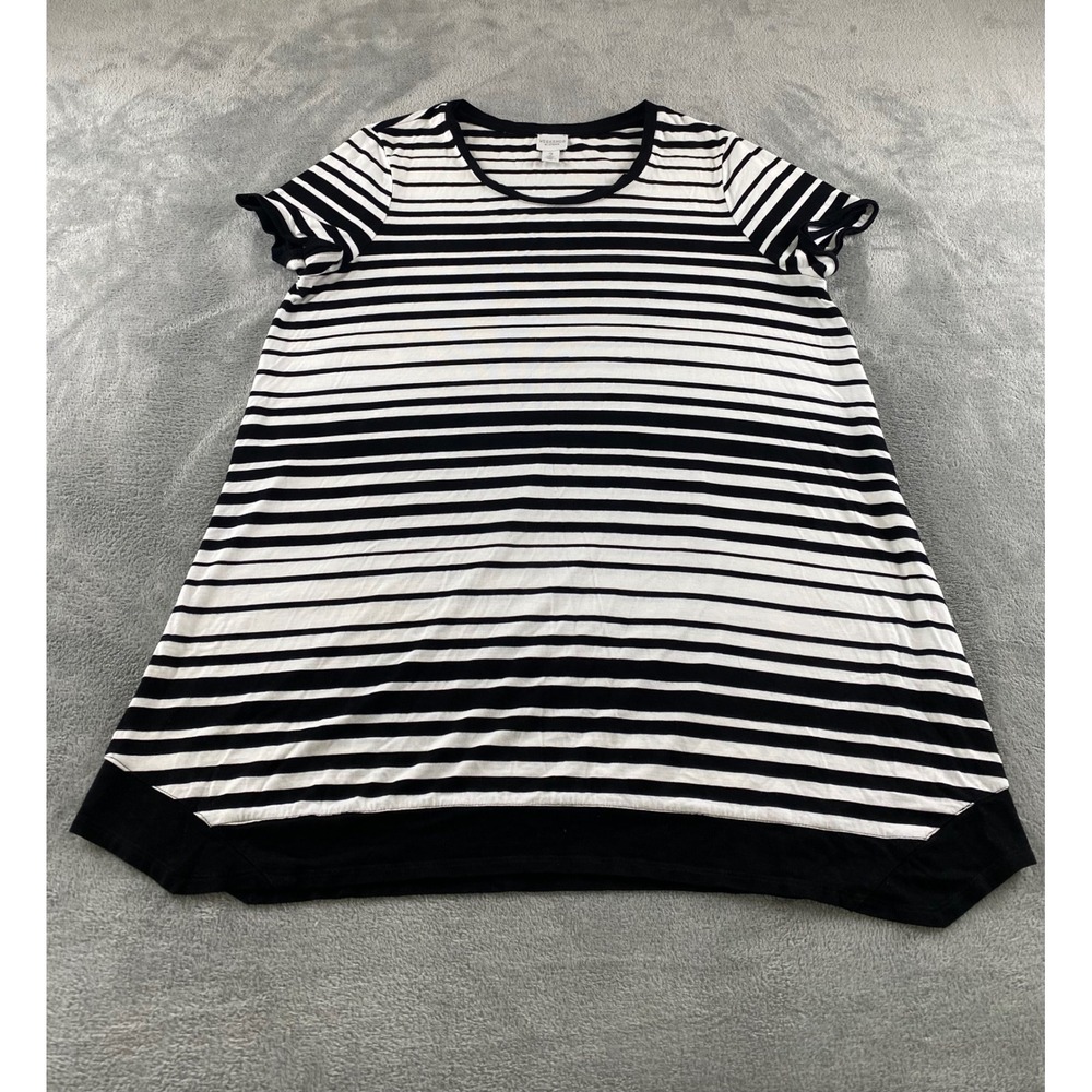Weekends by Chicos Womens Striped Handkerchief Hem Tunic Top Black White Size 2